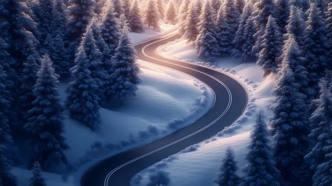 Geschwungene Serpentinenstraße durch verschneiten Winterwald