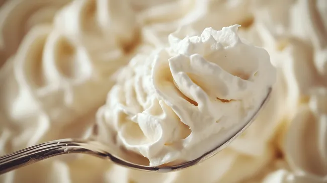 Geschwungenes Sahnehäubchen auf silbernem Löffel