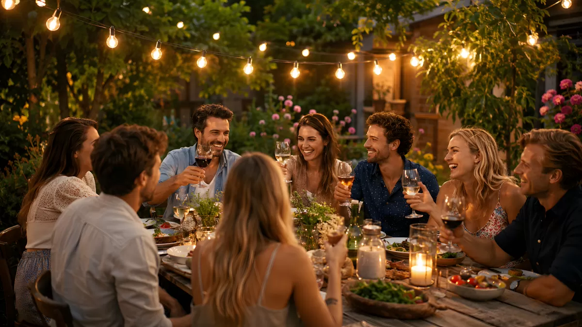 Gesellige Gartenparty mit Freunden bei Kerzenlicht