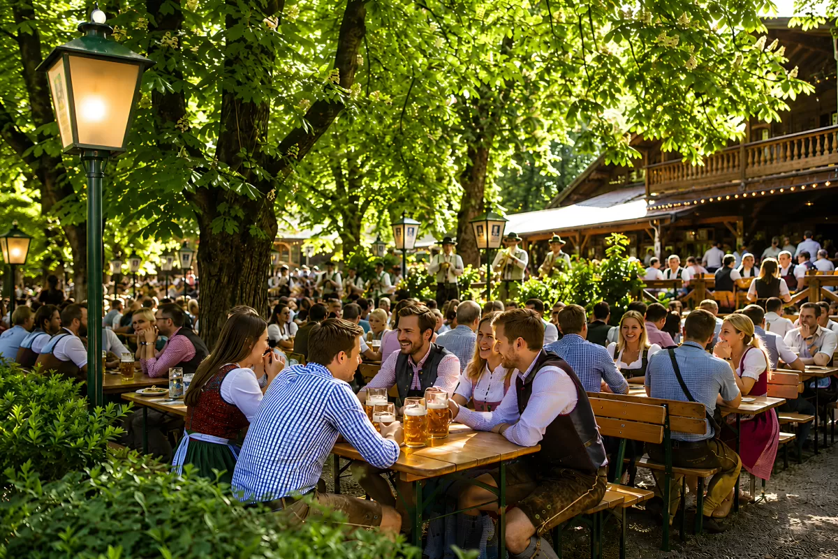 Gesellige Runde im bayerischen Biergarten im Sommer