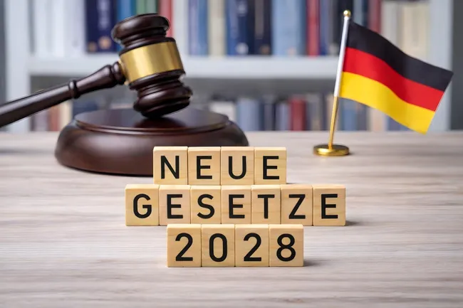 Gesetzbuch und Gerichtshammer für neue Gesetze 2028 in Deutschland