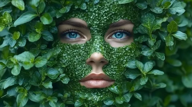 Gesicht in einer grünen Pflanzenwelt