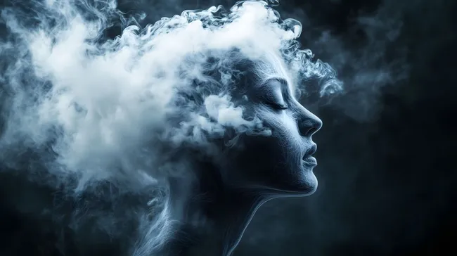 Gesicht in rauchiger Verschleierung auf dunklem Hintergrund