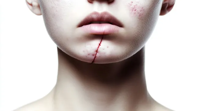 Gesicht mit Narbe und Akne auf weißem Hintergrund