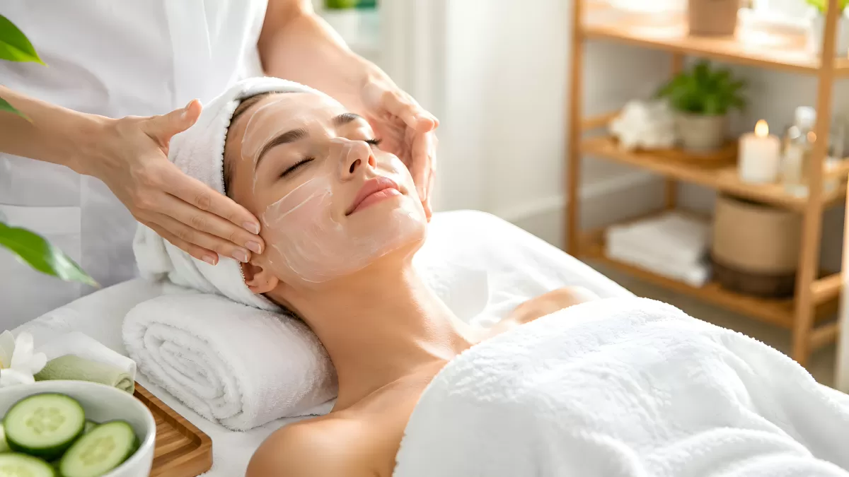 Gesichtsbehandlung im Spa mit weißer Pflegemaske