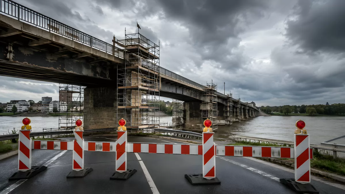 Gesperrte Brücke mit Baugerüst an einem Fluss