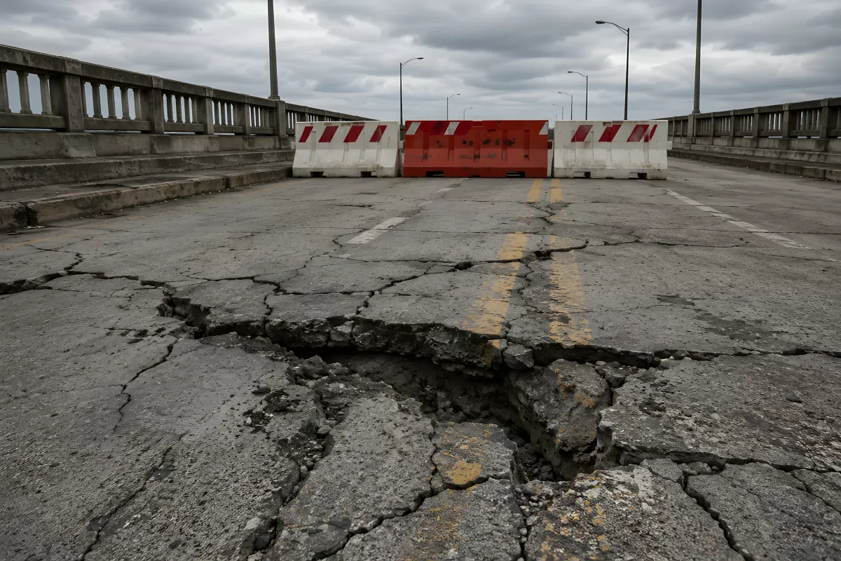 Gesperrte Brücke mit schwerem Straßenschaden
