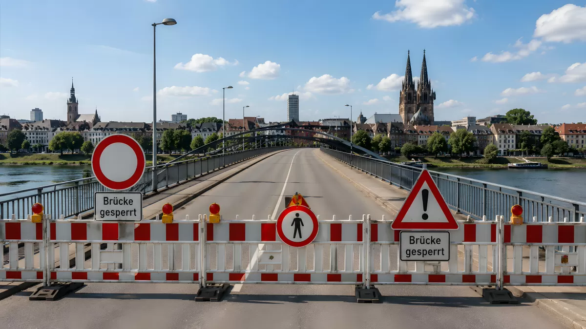 Gesperrte Brücke über den Fluss mit Stadtpanorama