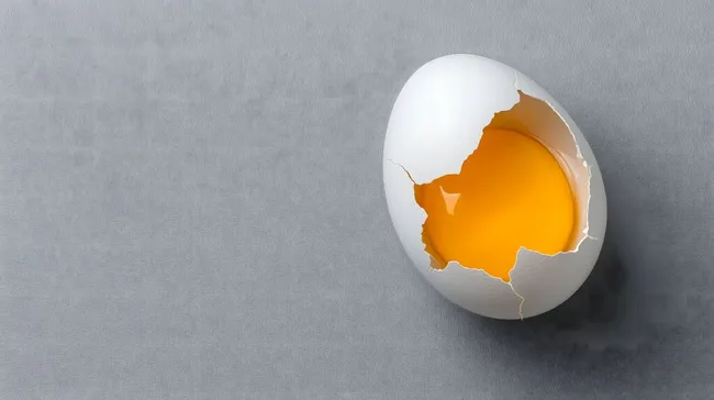 Gesprungenes Hühnerei vor grauem Hintergrund