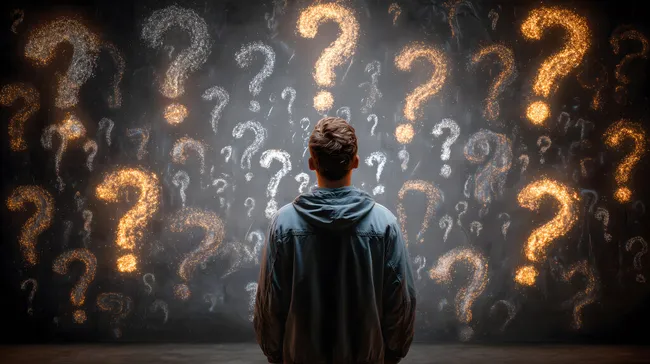 Gestaltung in Dunkelheit - Mann vor Fragezeichen-Hintergrund