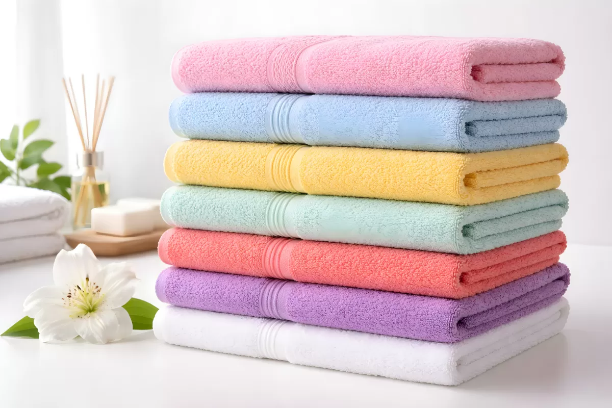 Gestapelte, farbige Handtücher in der Badezimmerumgebung