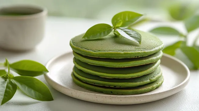 Gestapelte grüne Matcha-Pfannkuchen mit Blattdekoration