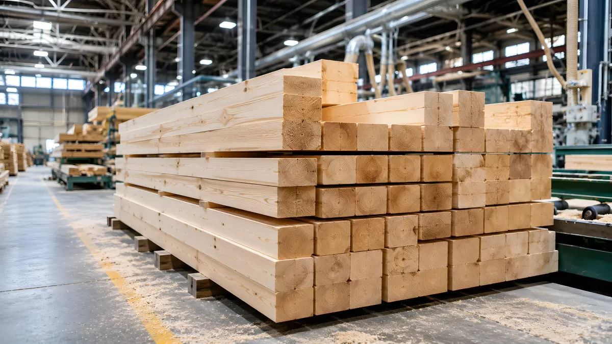 Gestapelte Holzbalken in einer modernen Sägehalle