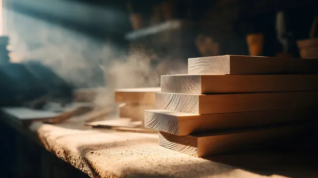 Gestapelte Holzbretter in staubiger Werkstatt