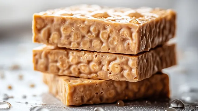 Gestapelte Karamell-Reisriegel mit Wassertropfen