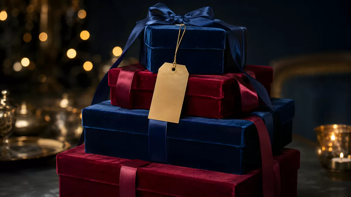 Gestapelte Samtgeschenkboxen in Blau und Dunkelrot