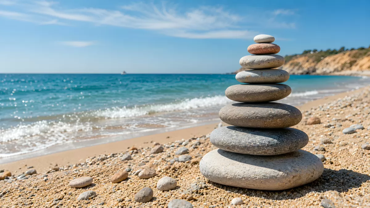 Gestapelte Steine am Strand vor blauem Meer