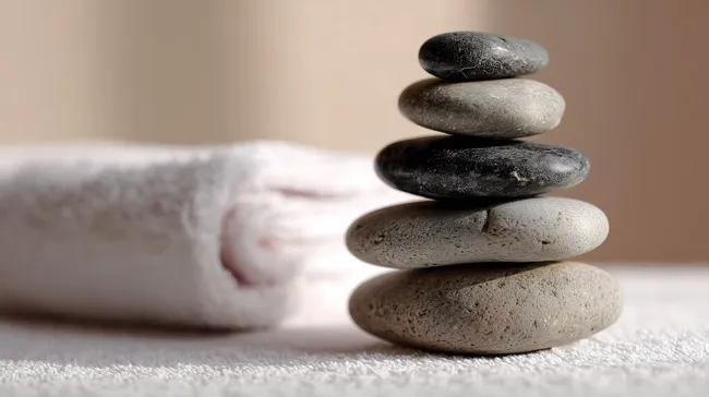 Gestapelte Wellness-Steine auf flauschigem Handtuch