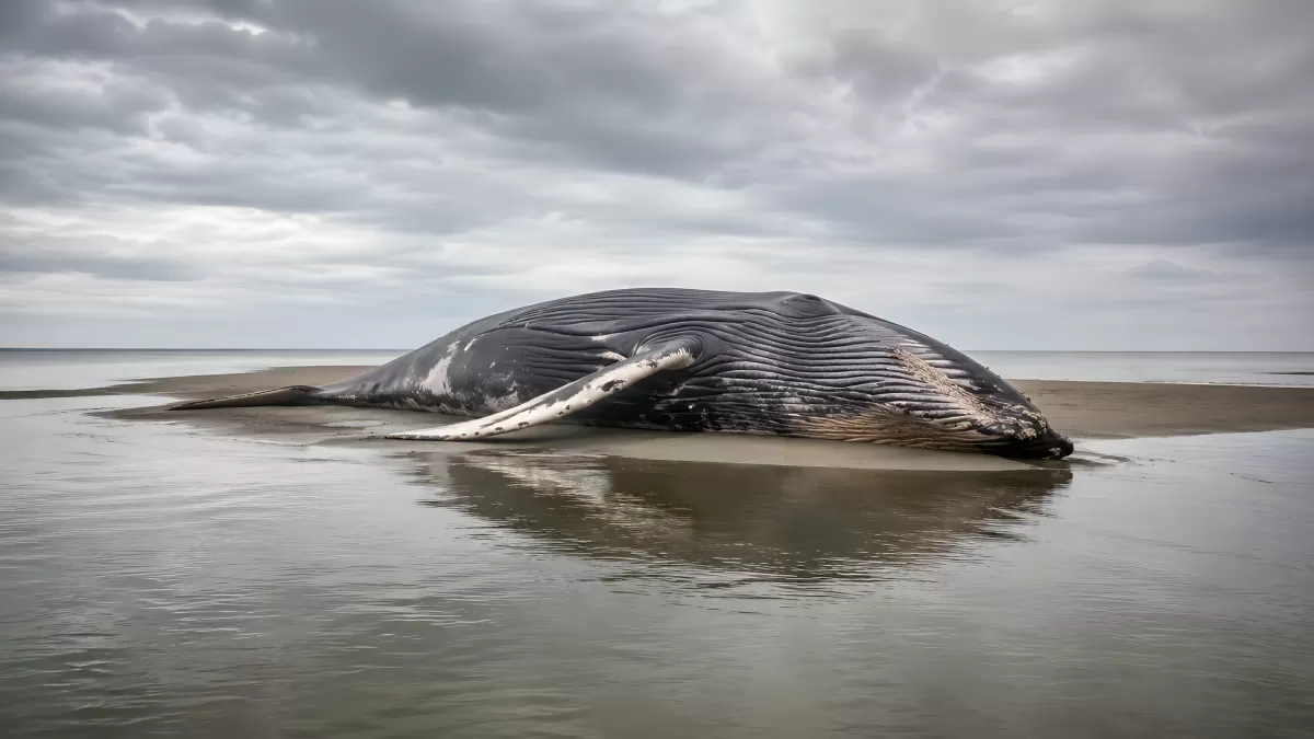Gestrandeter Buckelwal liegt am flachen Sandstrand
