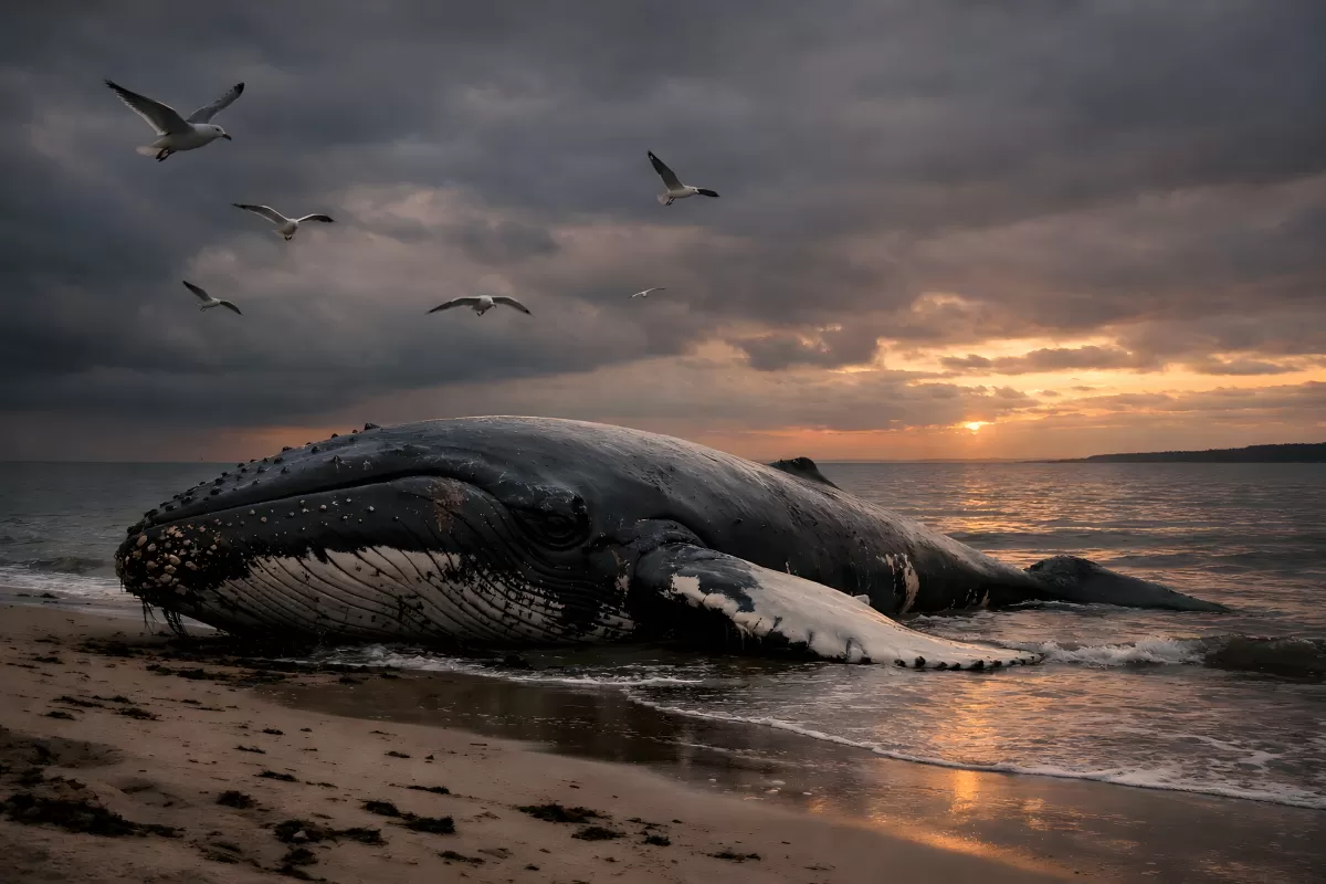 Gestrandeter Wal am Strand bei Sonnenuntergang