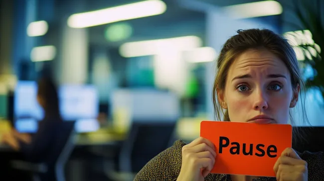 Gestresste Bürokraft hält Pause-Schild in der Hand