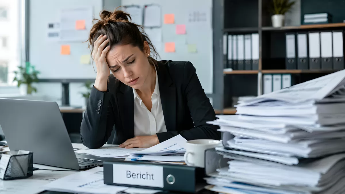 Gestresste Frau am Schreibtisch mit Papierstapeln