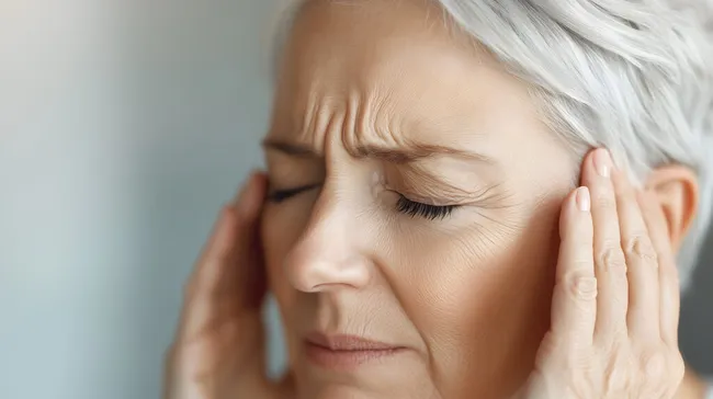 Gestresste Frau mit Migränekopfschmerzen