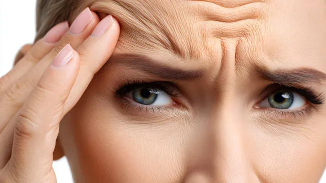 Gestresste Frau mit Stirnrunzeln und angestrengtem Blick