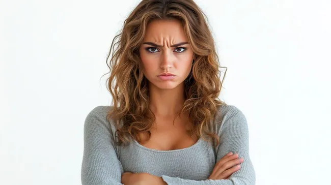Gestresste Frau mit verschränkten Armen und genervtem Blick