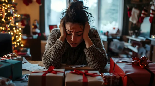 Gestresste Person mit Geschenken am Weihnachtstisch