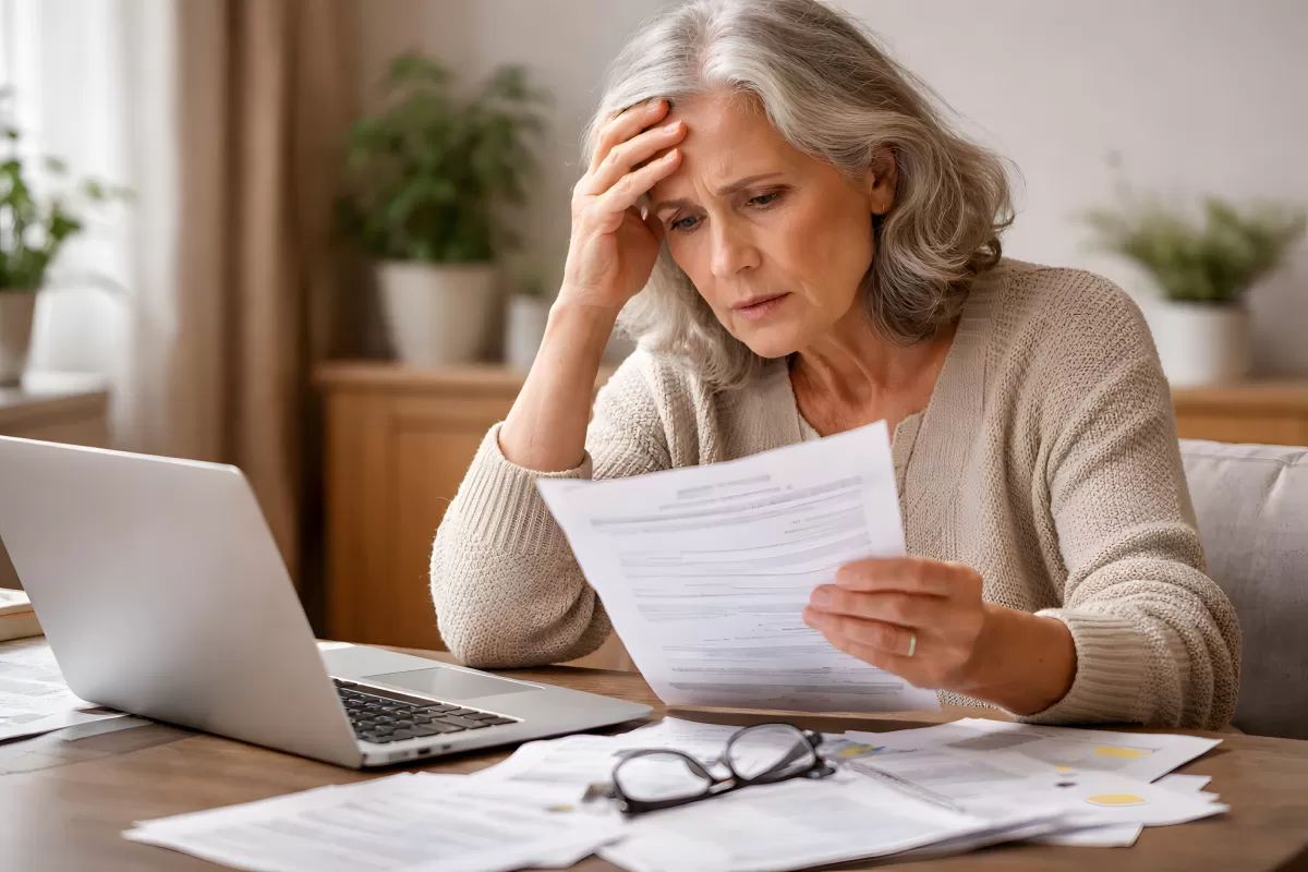 Gestresste Seniorin betrachtet Dokumente