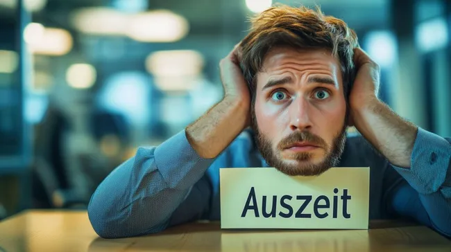 Gestresster Angestellter hält Schild für Auszeit
