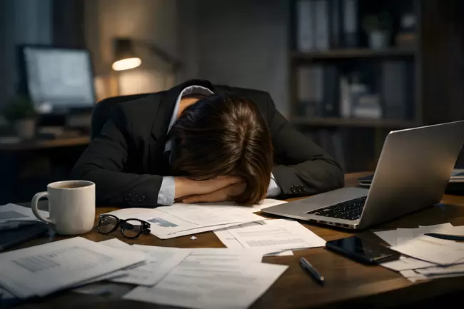 Gestresster Büroangestellter bei der Arbeit spät in der Nacht