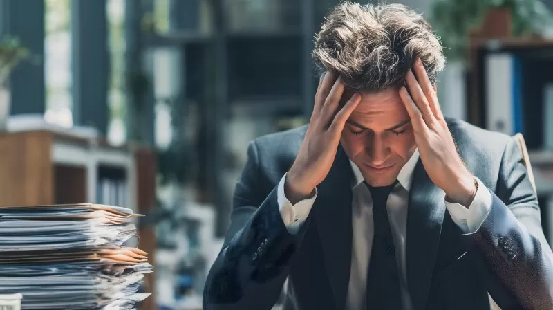 Gestresster Geschäftsmann mit Kopf in den Händen am Schreibtisch