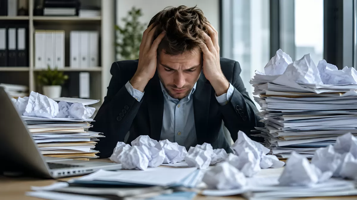 Gestresster Mann am überfüllten Schreibtisch im Büro