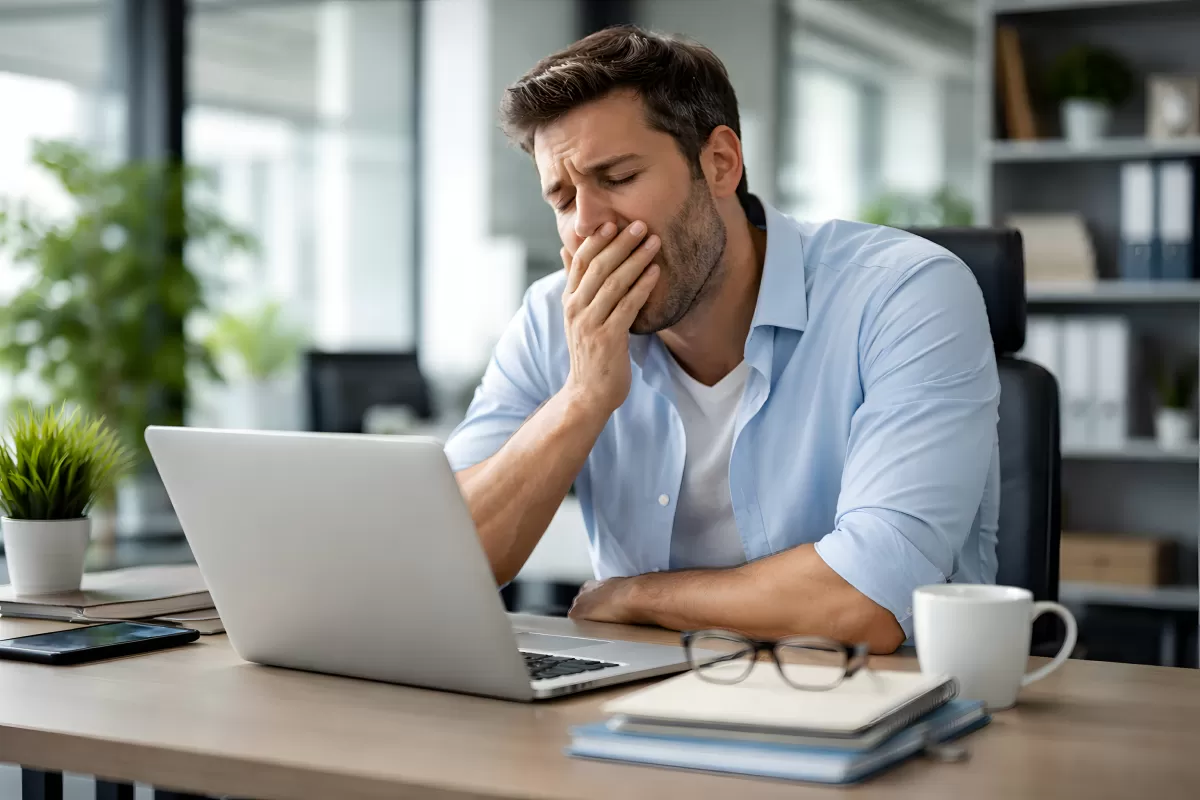 Gestresster Mann im Büro verzweifelt am Laptop
