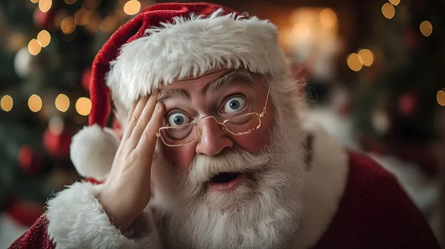 Gestresster Weihnachtsmann mit Brille und Fellmütze