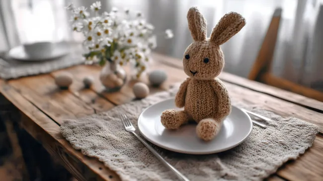 Gestrickter Osterhase als Tischkarte auf rustikalem Holztisch