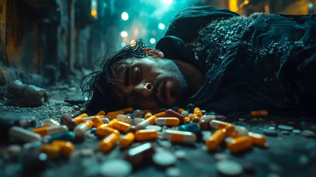 Gestürzter Mann mit Drogen auf dem Boden