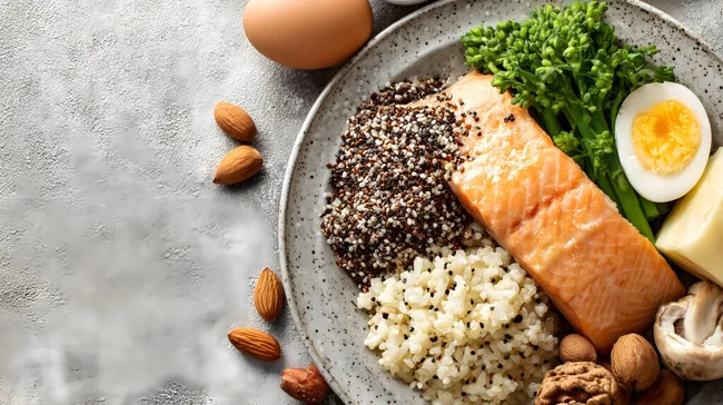 Gesunde, asiatisch inspirierte Mahlzeit mit Lachs, Brokkoli und Nüssen