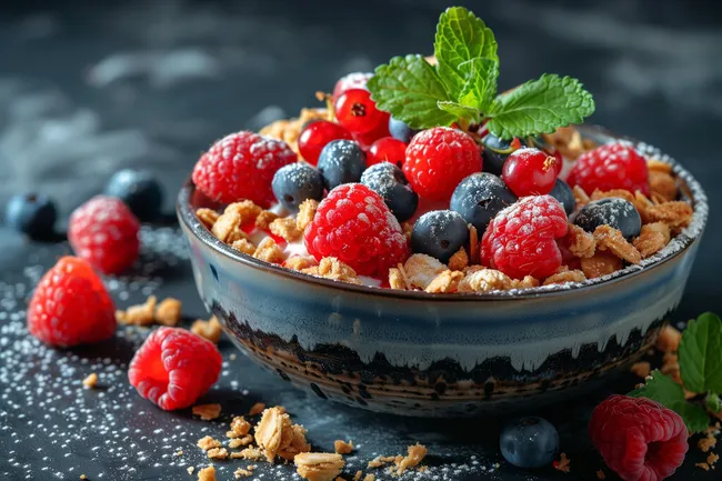 Gesunde Beeren-Müsli-Schüssel mit Minze