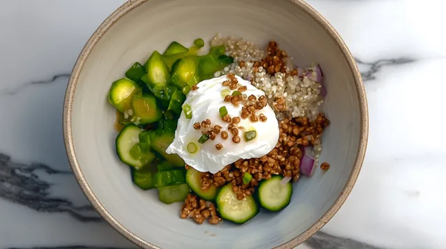 Gesunde Buchweizenbowl mit Zucchini und Joghurt