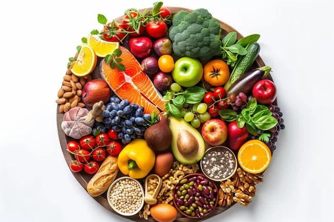 Gesunde, bunte Lebensmittelauswahl auf einem Holzbrett