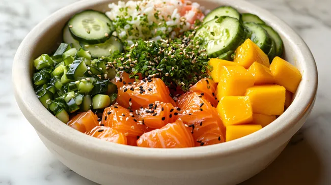 Gesunde, bunte Poke Bowl mit Lachs und Mango