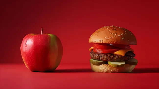 Gesunde Ernährung: Frischer Apfel und leckerer Burger