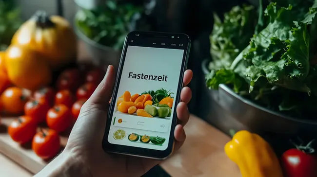 Gesunde Ernährung mit Fastenzeitkochapp und frischem Gemüse