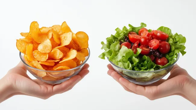 Gesunde Ernährungsauswahl: Knusprige Chips und frischer Salat