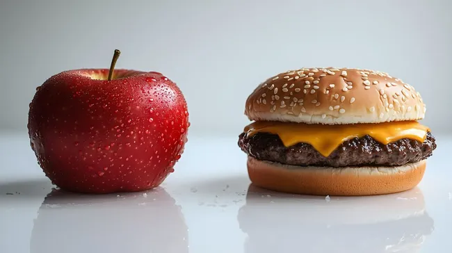 Gesunde Ernährungsentscheidung zwischen Apfel und Burger