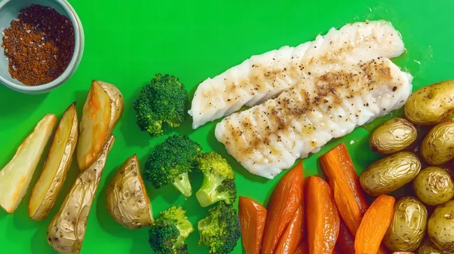 Gesunde Fischfilets mit gegartem Gemüse