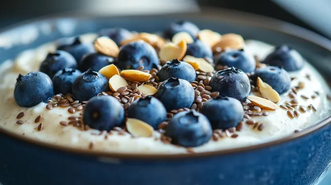Gesunde Frühstücksschüssel mit Blaubeeren und Leinsamen